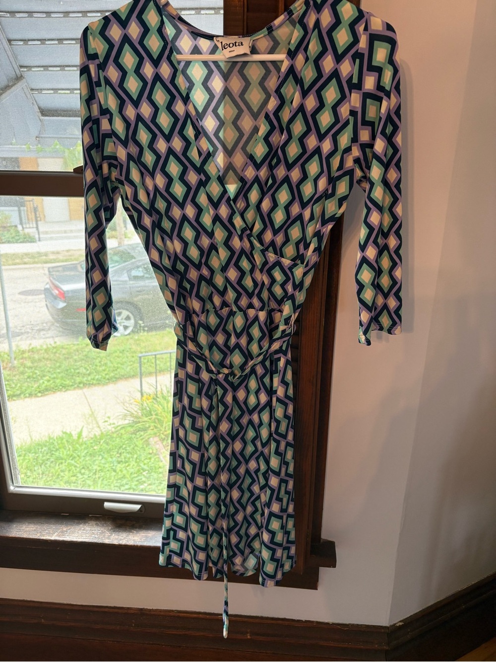Geometric wrap dress in lilac, turquoise, navy